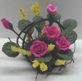 Dollhouse Miniature Mauve Roses/Wire Basket 1 1/4